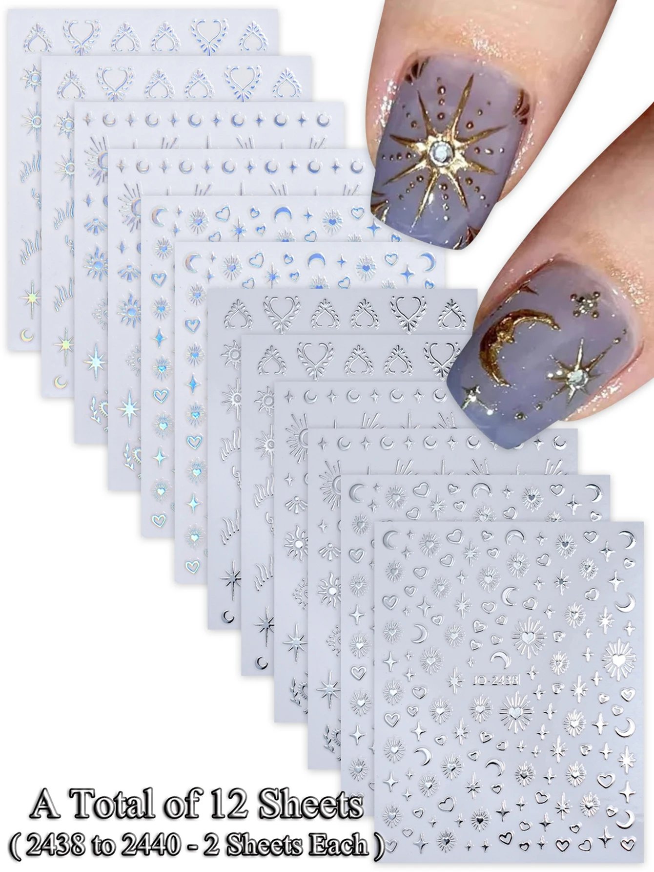 6/12/24 Vellen Gouden & Zilveren Ster, Maan & Hart Nagelstickers, Zelfklevende 3D Nageldecoratie Stickers voor DIY Manicure Decoratie