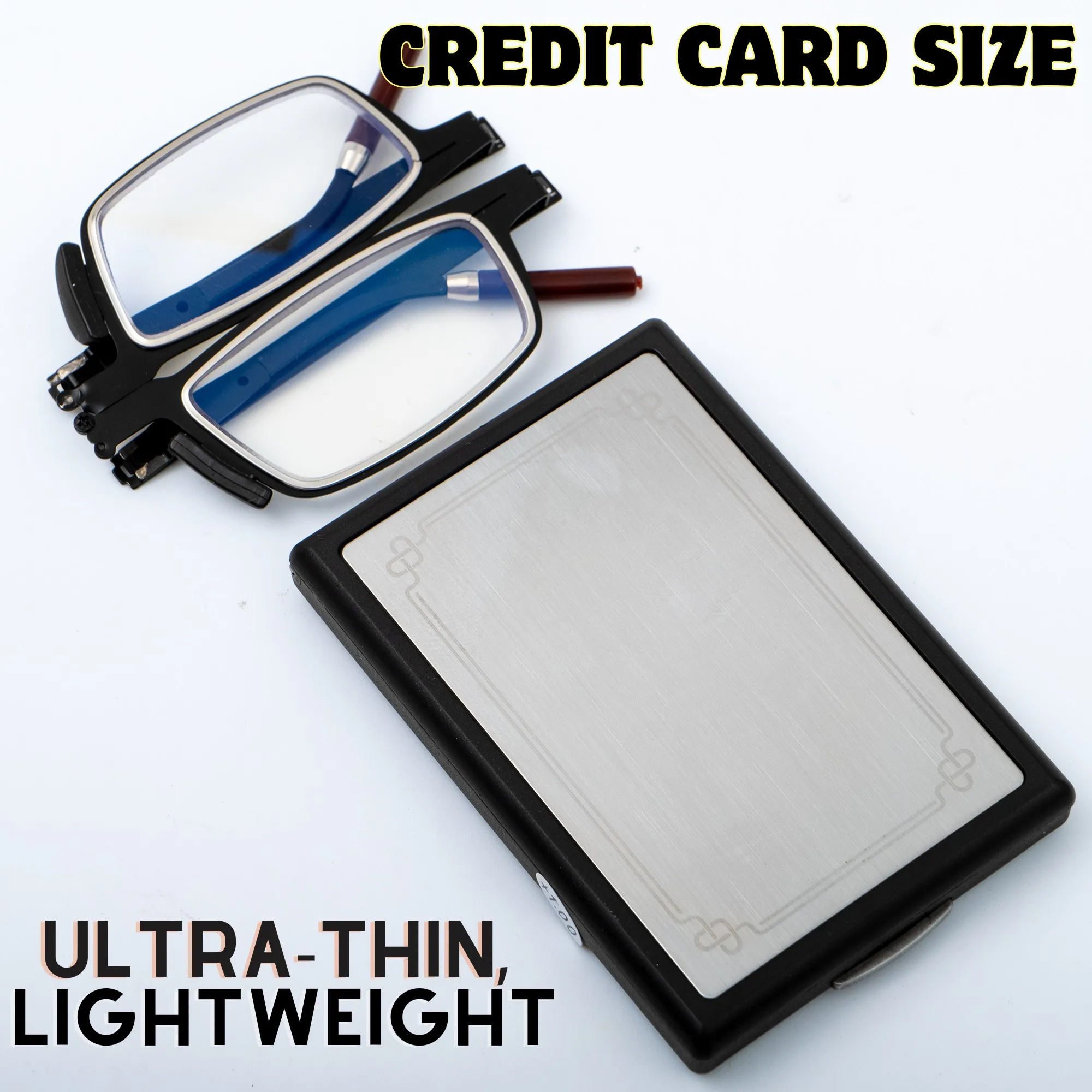 نظارات قراءة محمولة قابلة للطي يمكن ربطها في الجزء الخلفي من الهاتف كحامل هاتف، نظارات قراءة من الفولاذ المقاوم للصدأ بتصميم بسيط، +100 إلى +400، للجنسين