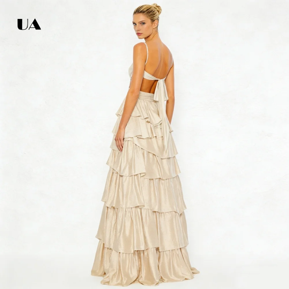 Vestido de baile ULBYANRY em cetim evasê com alças finas, vestido de noite com decote em V com babados em camadas, vestido de festa personalizado sem costas