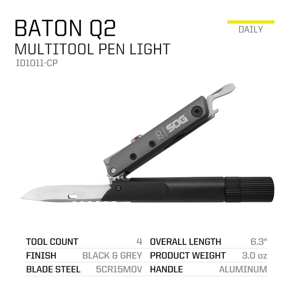 SOG 4 In 1 BATON Q2 Mini Multifunctional Pen With Folding Knife LED Flashlight Multi-Tools Pocket EDC Outdoor Survival Tools Kit