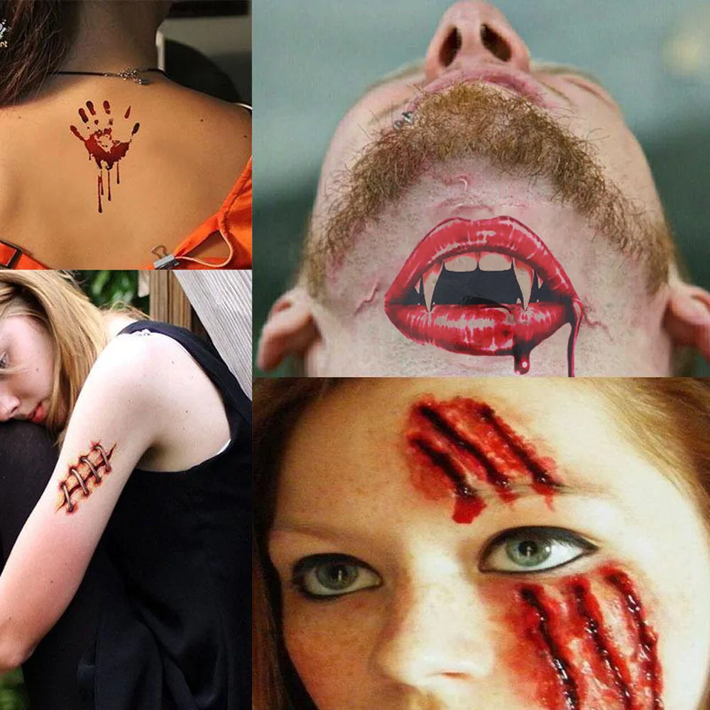 5/10pcs Halloween Bloody Wound Tattoo Stickers DIY Simulation Scar Tattoo Skull Blood Palm Print Horror Halloween Party Decor