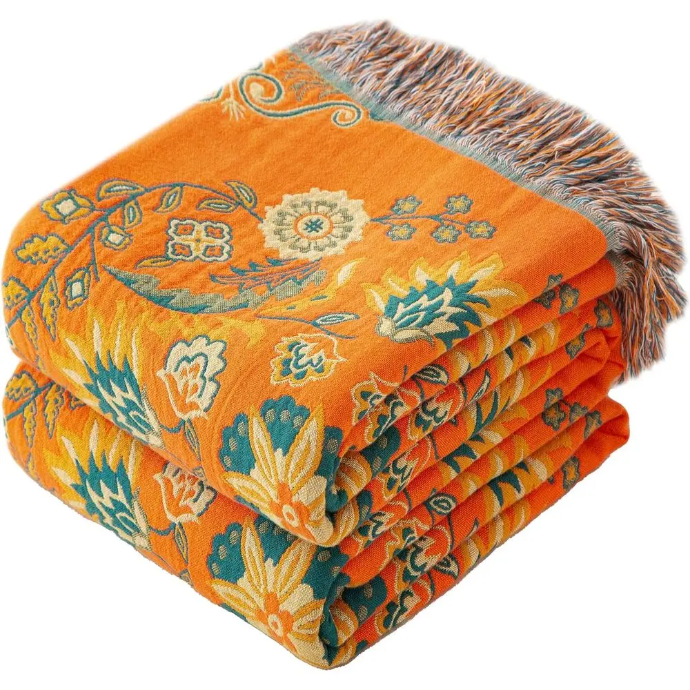 

Boho Throw Blanket Twin Size, Sot Cozy Cotton Muslin Quilt Blanket or Bed Decor, loral ed Couch Soa Chair Cover, Vintage armhous