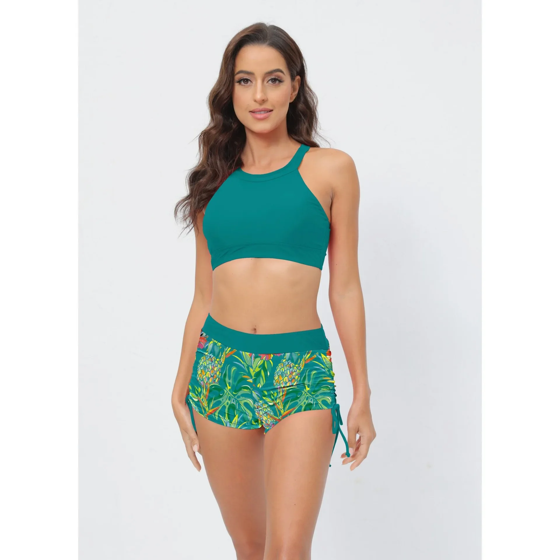 Traje de baño para mujer, conjunto de Bikini de dos piezas con cuello alto, ropa de playa Sexy de verano, traje de baño negro de cintura alta, pantalones cortos para mujer