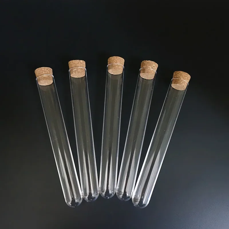 10pcs To 100pcs 20x150mm Transparent Plastic Round Bottom Test Tubes with Cork Stopper for School/Laboratory Glassware