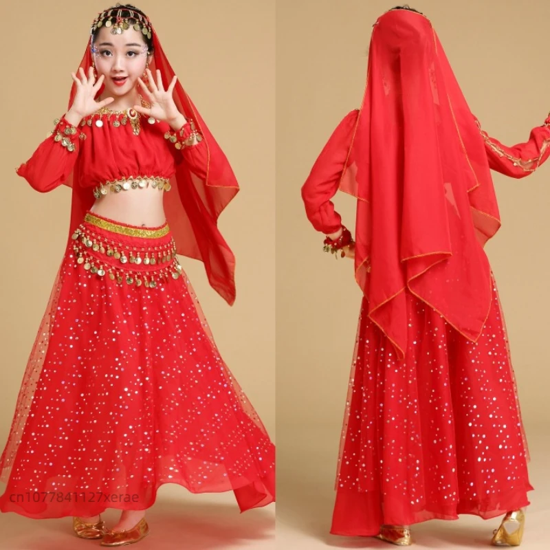 Traje de performance de dança indiana infantil, fantasia de performance de dança do ventre adulto, conjunto de mangas compridas para dança étnica de meninas