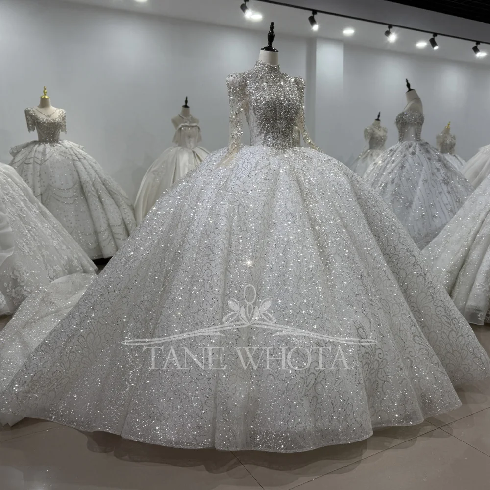 웨딩드레스 하이 롱 슬리브 크리스탈 스팽글 웨딩드레스 레이스업 키홀 백 맞춤형 볼 가운 신부용