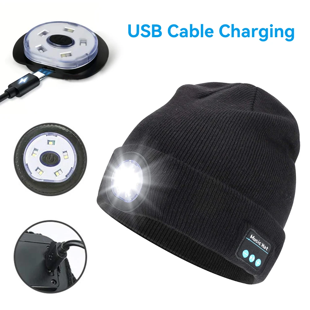 Warm Hat Beanie Bluetooth LED Hat Wireless Stereo Headphone Music Player with Microphone Hands-Free Support Dimming Rechargeable