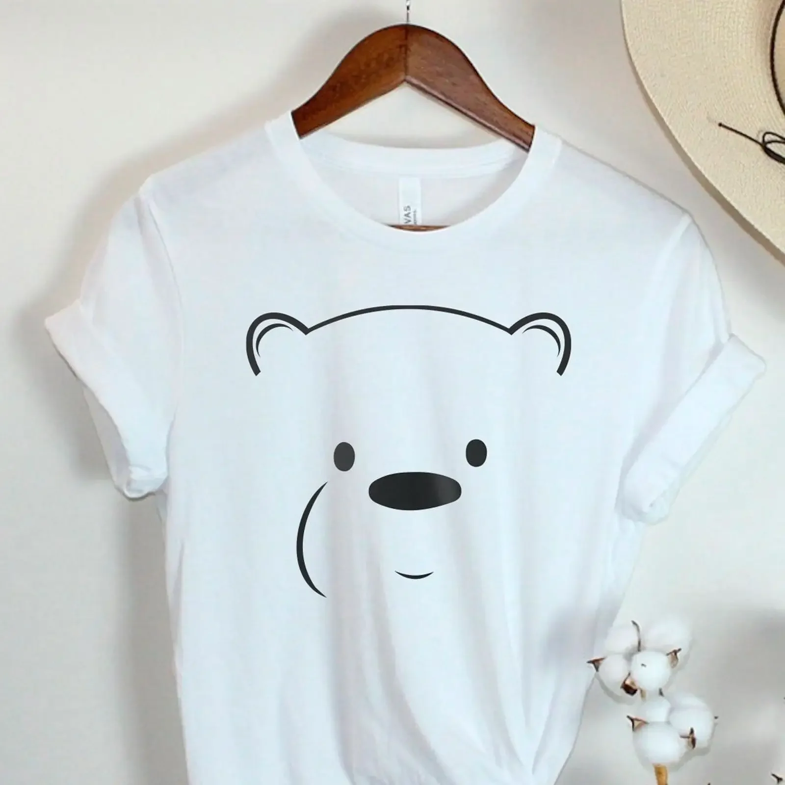 Minimalist Cartoon Bear Face T Shirt Lover  Polar Grizzly Casual Top vintage Washed fashion Top For Everyday Wear Soft Unisex