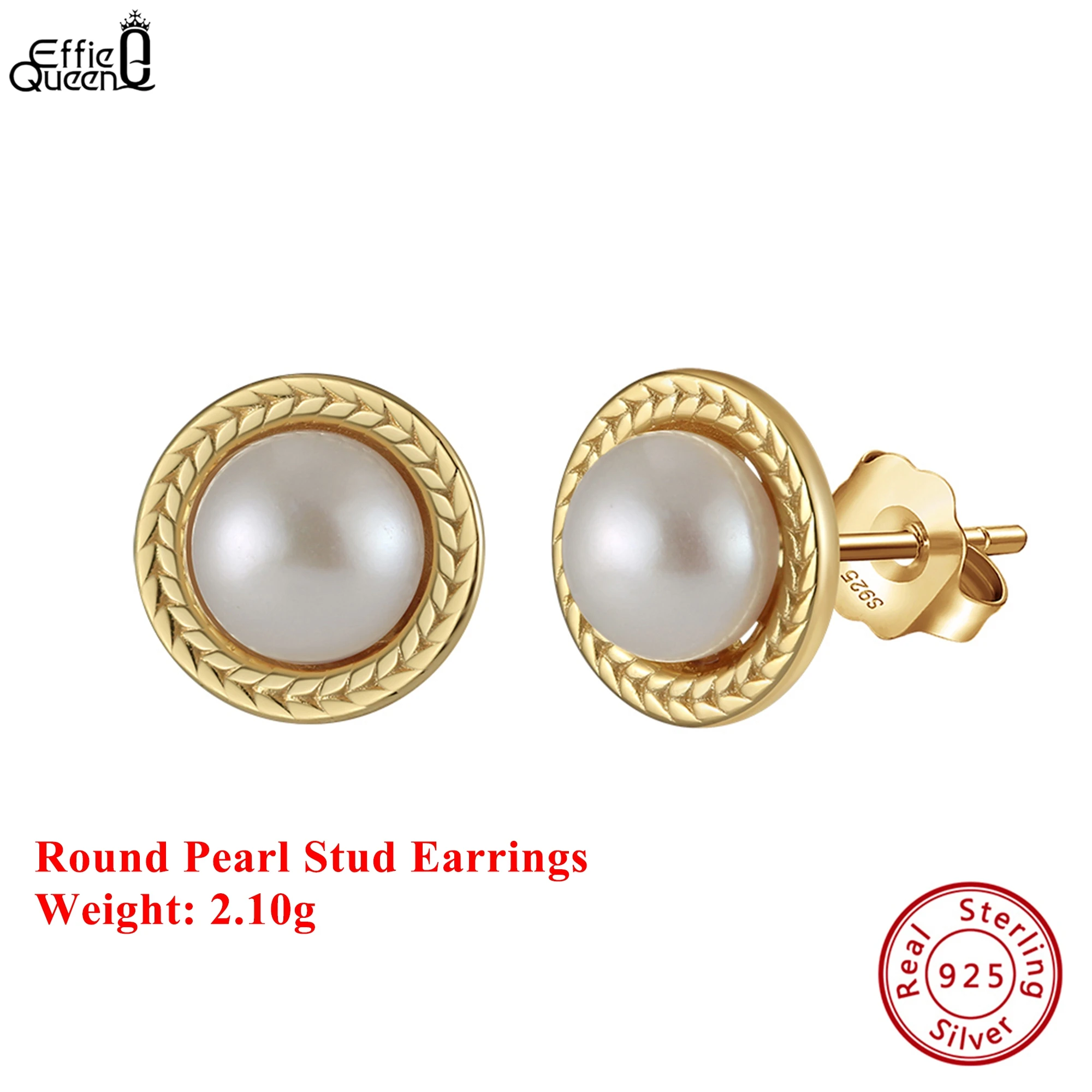 

Effie Queen из стерлингового серебра 925 пробы, золото 14 карат, 6-6,5 мм, круглые серьги-гвоздики с жемчугом, простые ювелирные изделия для женщин, свадебная вечеринка GPE98