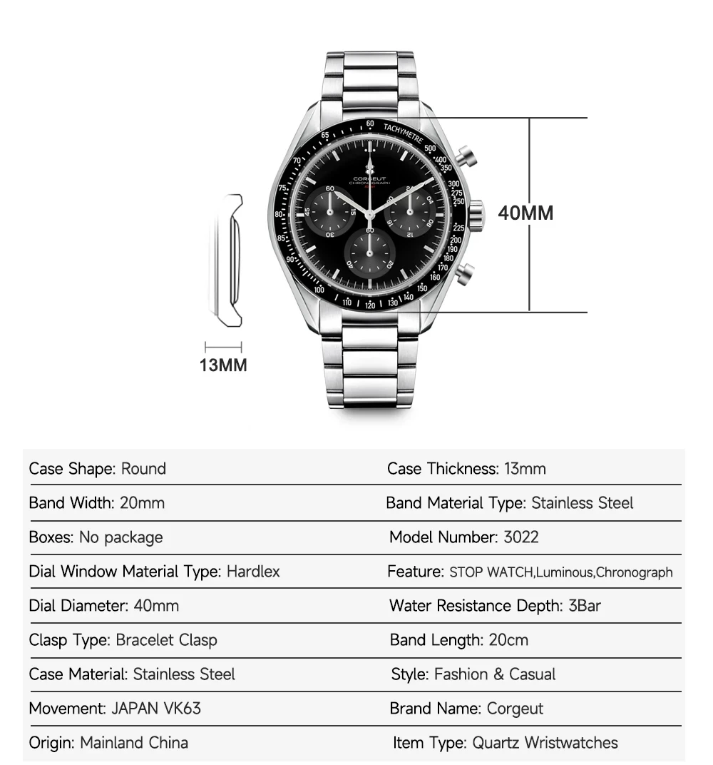 Custom Logo Diy Glow Watchs 40mm Vk63 Quartz Movement Watch Man Waterproof Mens Quality Luxury Mineral Glass Time Running Second