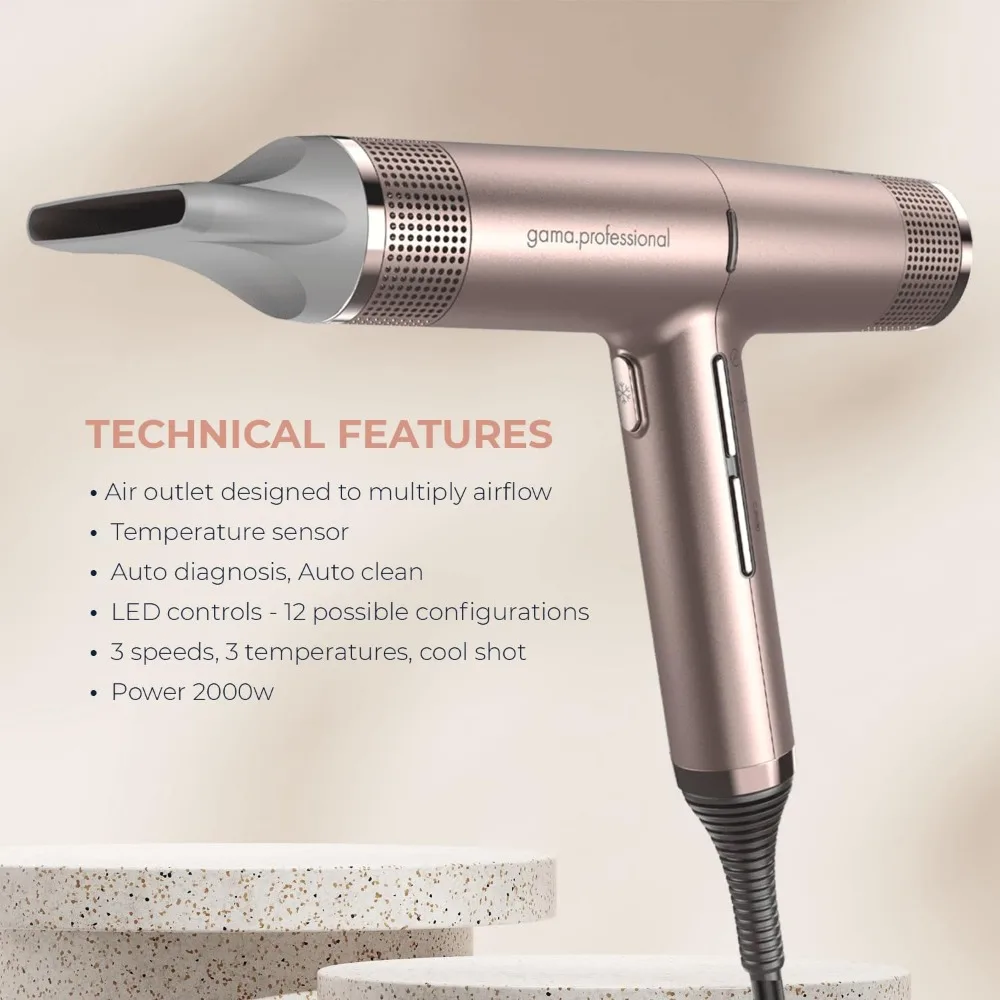 Hair Dryer Rose Gold - IQ Perfetto Lightweight, Powerful Pro Salon Blow with Diffuser & 2 Concentrator Nozzle Attachment Tools