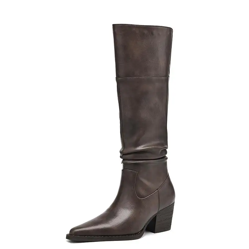 Plus Size Cow Split Skin High Heels Pointed Toe Retro Pleated Western Boots Casual Warm Winter Lycra Rivets Women Mid-calf Boots