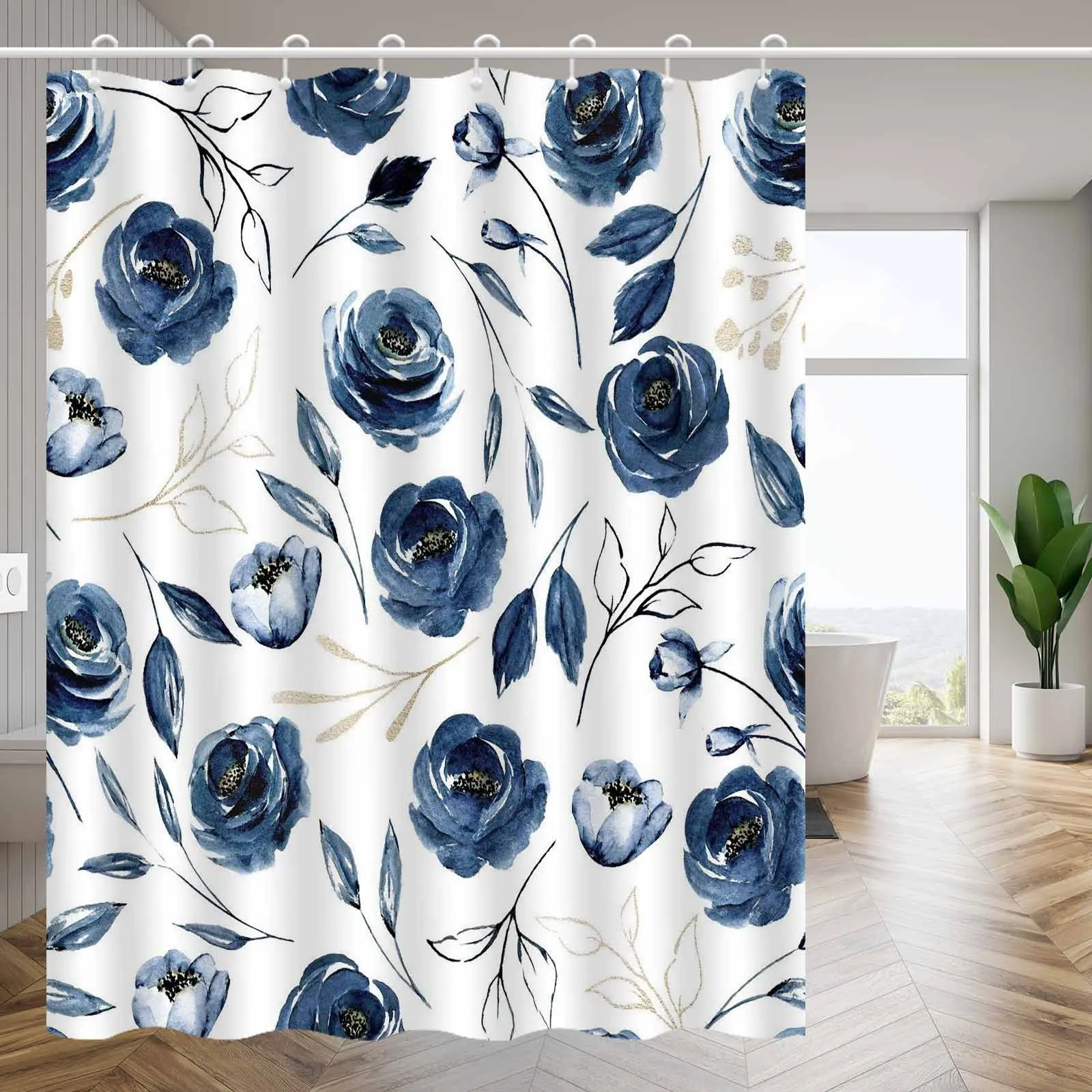 

1 шт., скандинавская свежая и простая занавеска для душа с синей розой, высококачественная элегантная занавеска для ванной комнаты, узор украшения ванной комнаты