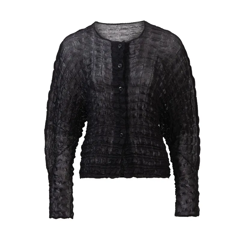 

Miyake Pleated Long Sleeve Cardigan 2026 New Round Neck Versatile Single-Breasted Elegant Commuter Women Lightweight Stretch Top