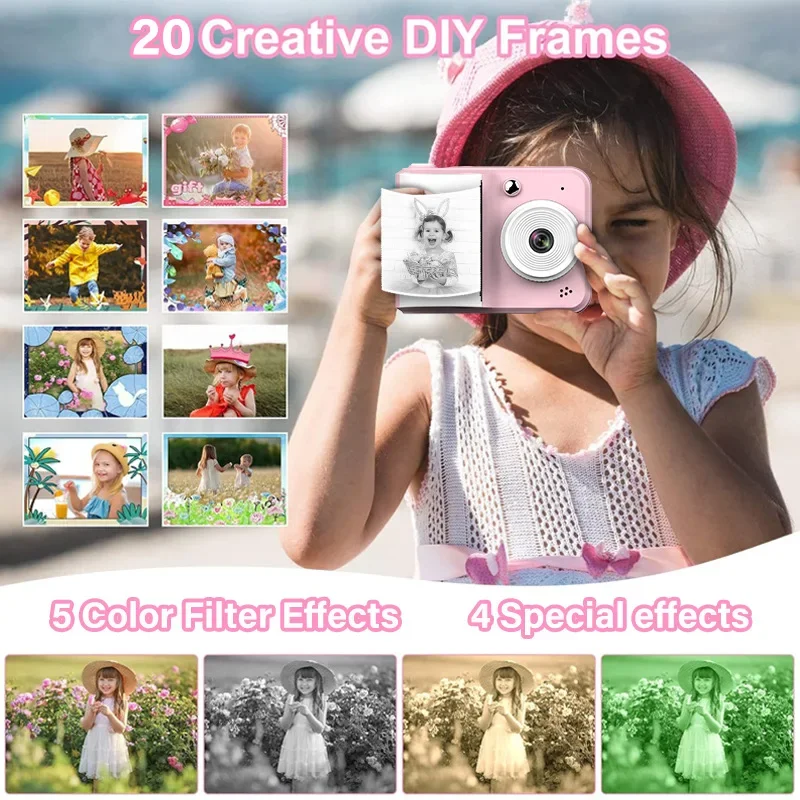 Kids Instant Print Camera with 32GB 1080P HD 2.4 Inch Screen Zoom Video Photo Child Birthday Festival Gifts Digital Camera Toys