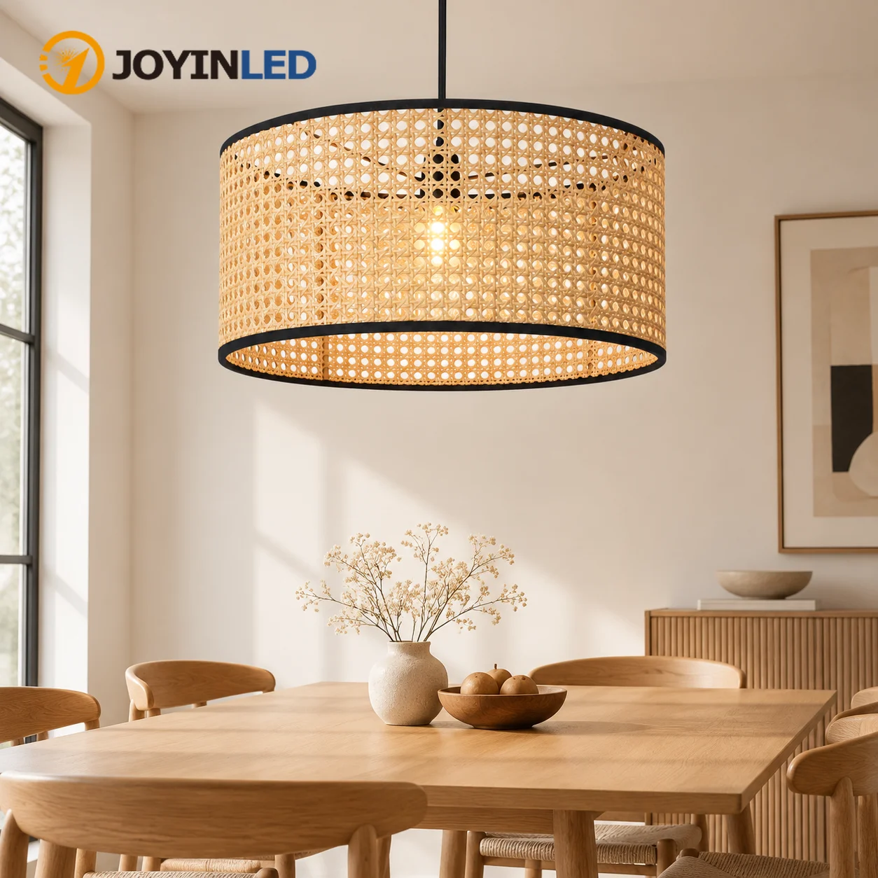 JOYINLED 40CM Rattan Pendant Light Japanese Style Bamboo Chandelier Hand Woven Hanging Lamp E27 Fixture for Bedroom Living Room