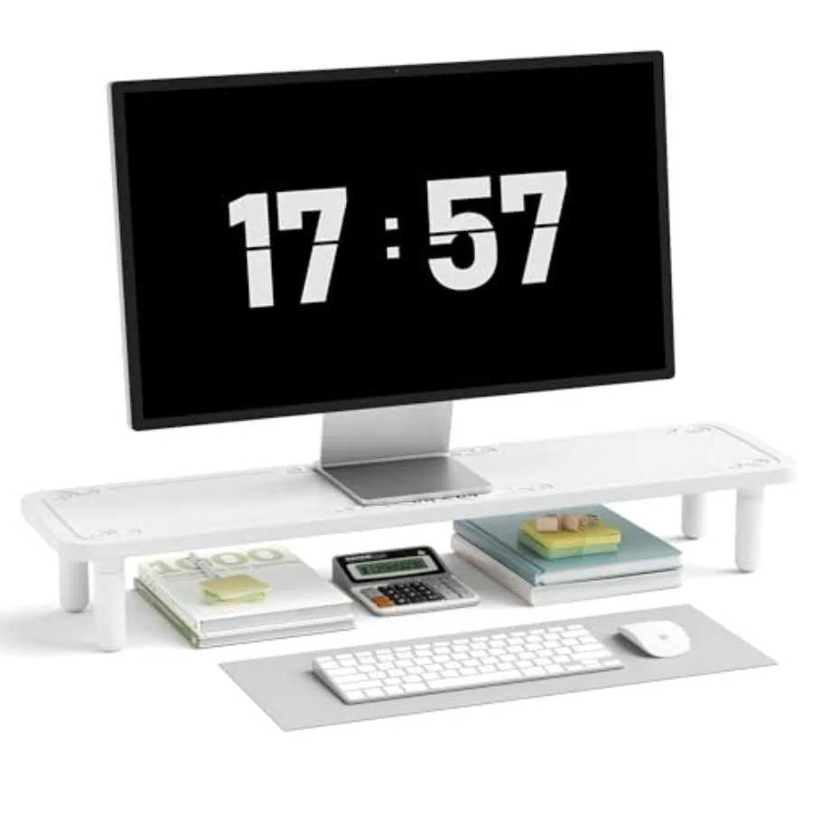 Dual Monitor Stand for Desk 31 Inch Adjustable Wood Computer Riser Desktop Storage Stand for Computer Laptop Printer TV White S