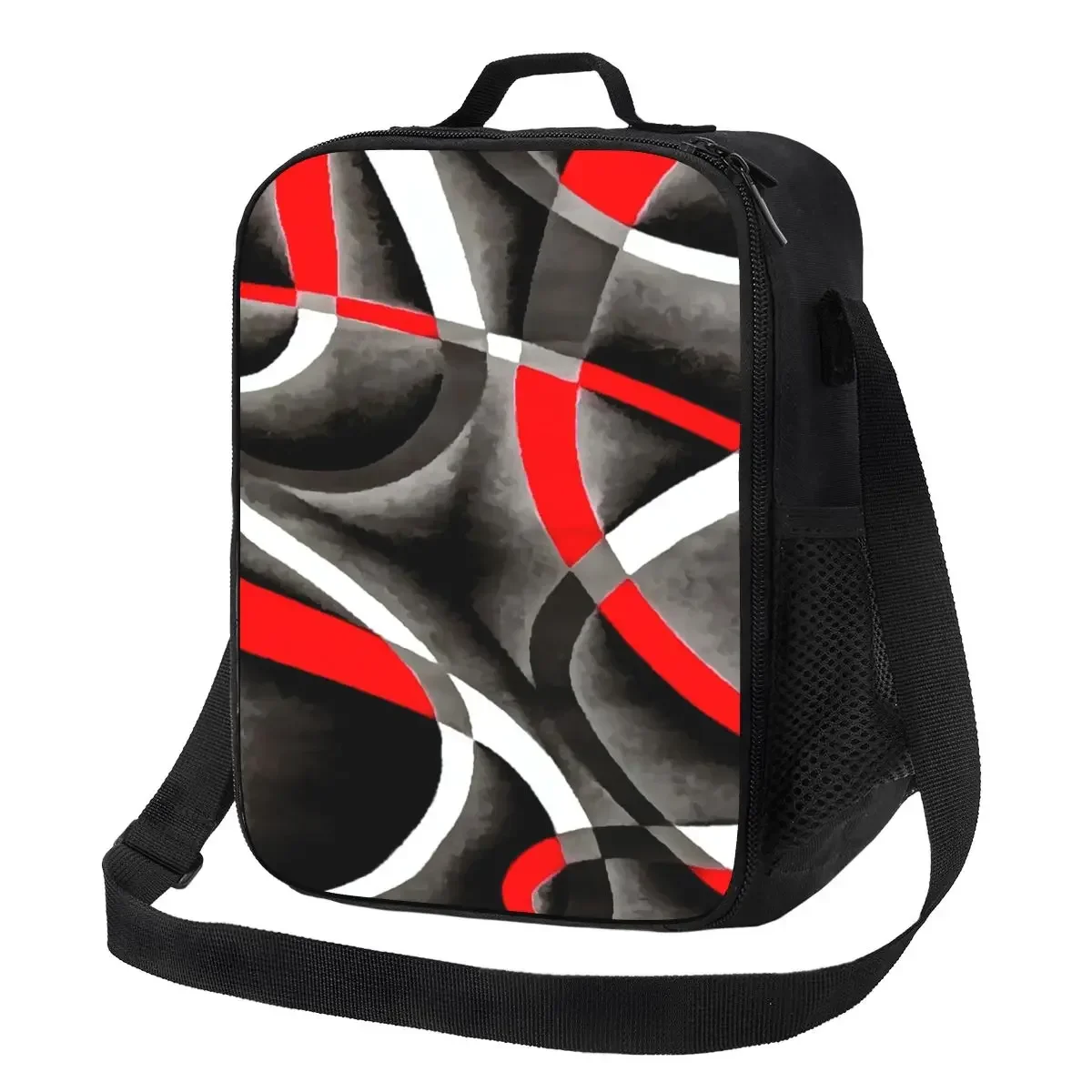 

Eighties Red White And Grey Geometrical Curves Lunch Bag Men Women Thermal Cooler Insulated Lunch Box for Kids School
