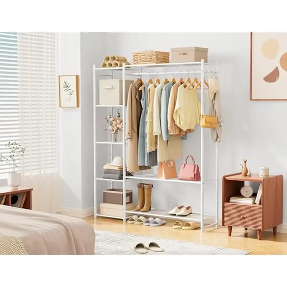 Portable Wardrobe Closet Organizer with 4 Tiers Shelves Hanging Rod Shoe Rack Freestanding Storage System Clothes Handbags Shoes