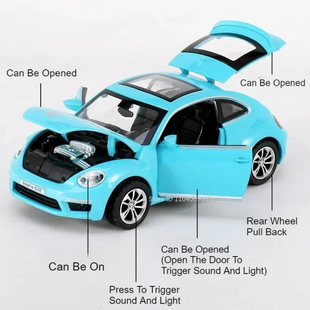 Scale 1:32 Beetle GSR Toy Mini Car Model Alloy Diecast Rubber Tires Sound Light Pull Back Doors Opened Children Interactive Toys