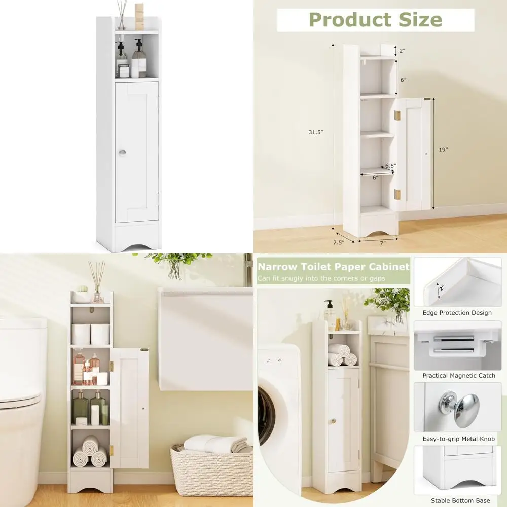 خزانة تخزين الحمام ذات الزاوية المدمجة مع باب وأرفف قابلة للتعديل، وحامل ورق تواليت موفر للمساحة #1