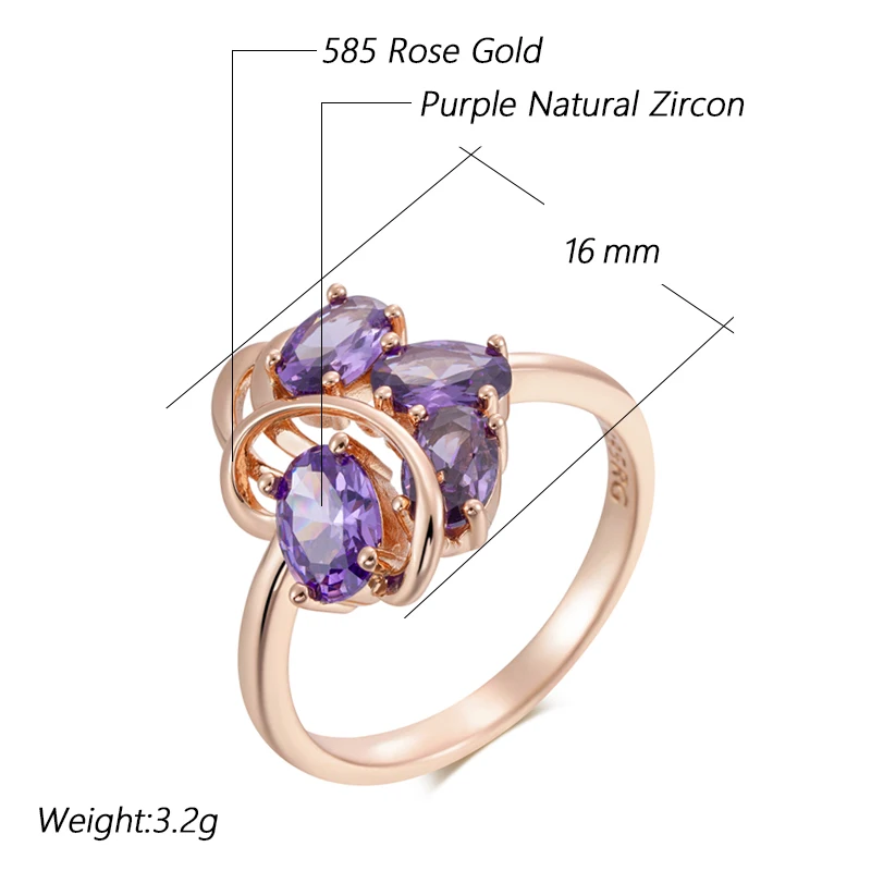 Kinel Hot Ethnic Wedding Ring for Women Fashion 585 Rose Gold Color With Shiny Purple Natural Zircon Daily Fine Vintage Jewelry