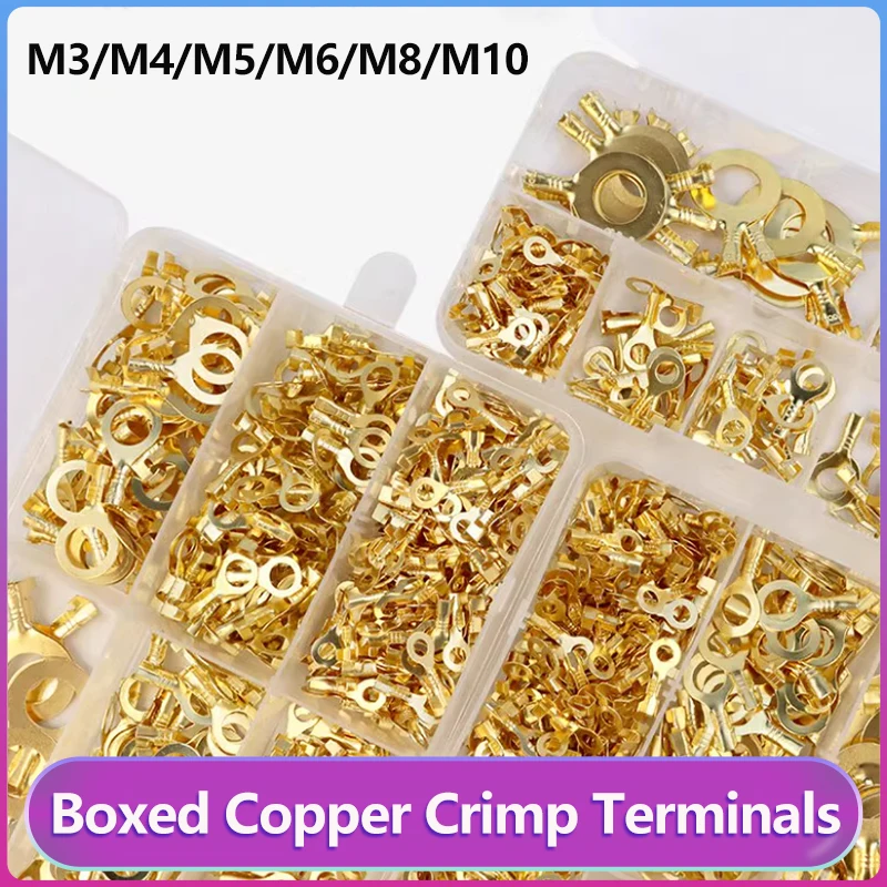 

O-type M3~M10 Boxed Round Terminal Block Lugs Cold-Pressed Electric Cable Connector Copper Tab Wiring Nose Combination Set DIY