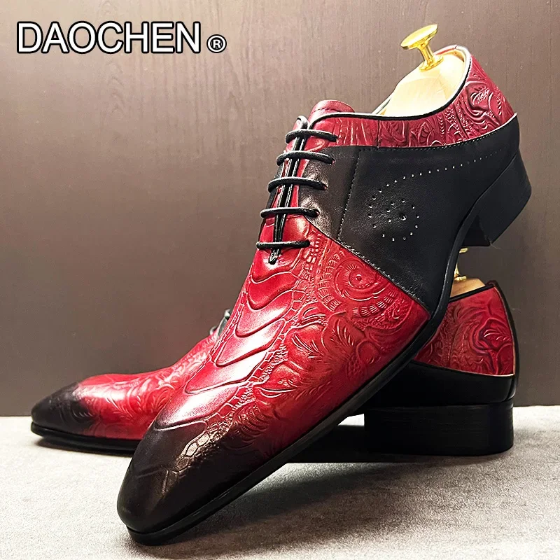 Zapatos de piel auténtica para hombre, calzado informal con cordones, punta estrecha, estampado, color rojo y negro, para boda y oficina