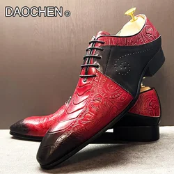 Chaussures en cuir de marque de luxe pour hommes, chaussures en dentelle rouge et noire, bout pointu, chaussures décontractées pour hommes, chaussures OXFORDS pour mariage et bureau