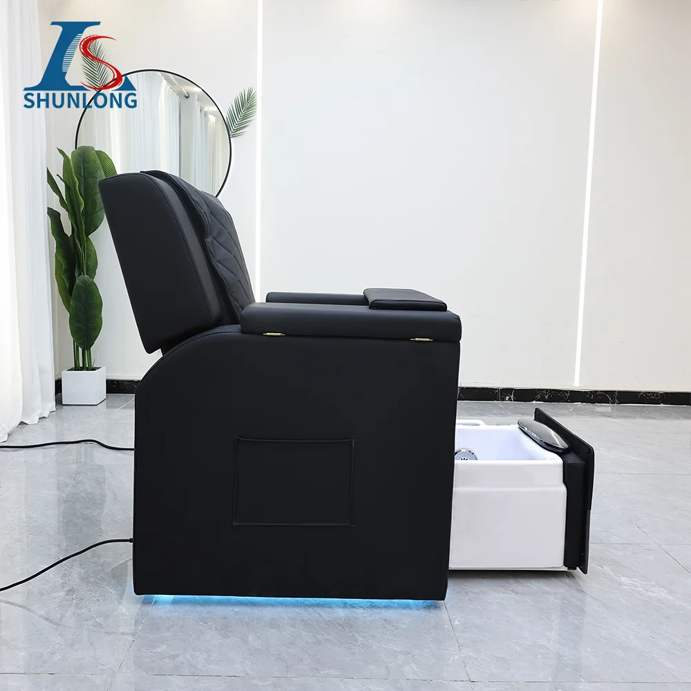 Black PU Pedicure Spa Chair Reclining Nail Salon Chair with Dual Hand Basins Pull-out Foot Basin & Blue LED Beauty Furniture