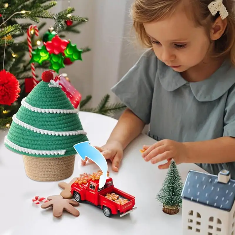 Cesta de almacenamiento tejida, cesta de almacenamiento de cuerda de árbol de Navidad con tapa, estante, organizador de almacenamiento tejido, cestas de almacenamiento decorativas