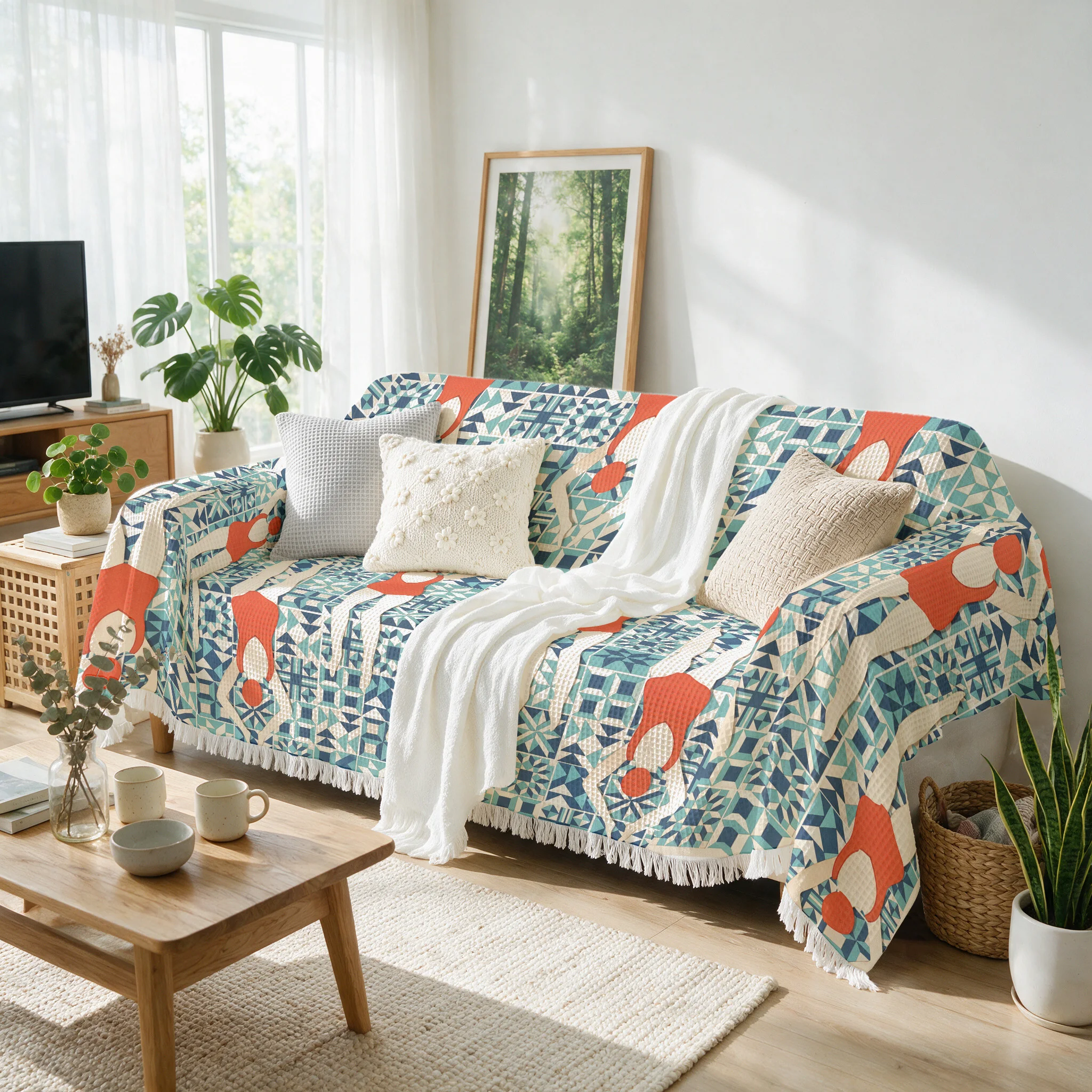 Summer Pool Sofa Cover Swimmer Illustration Pattern, Aesthetic Couch Protector Cover, Artistic Decorative Furniture Slipcover fo