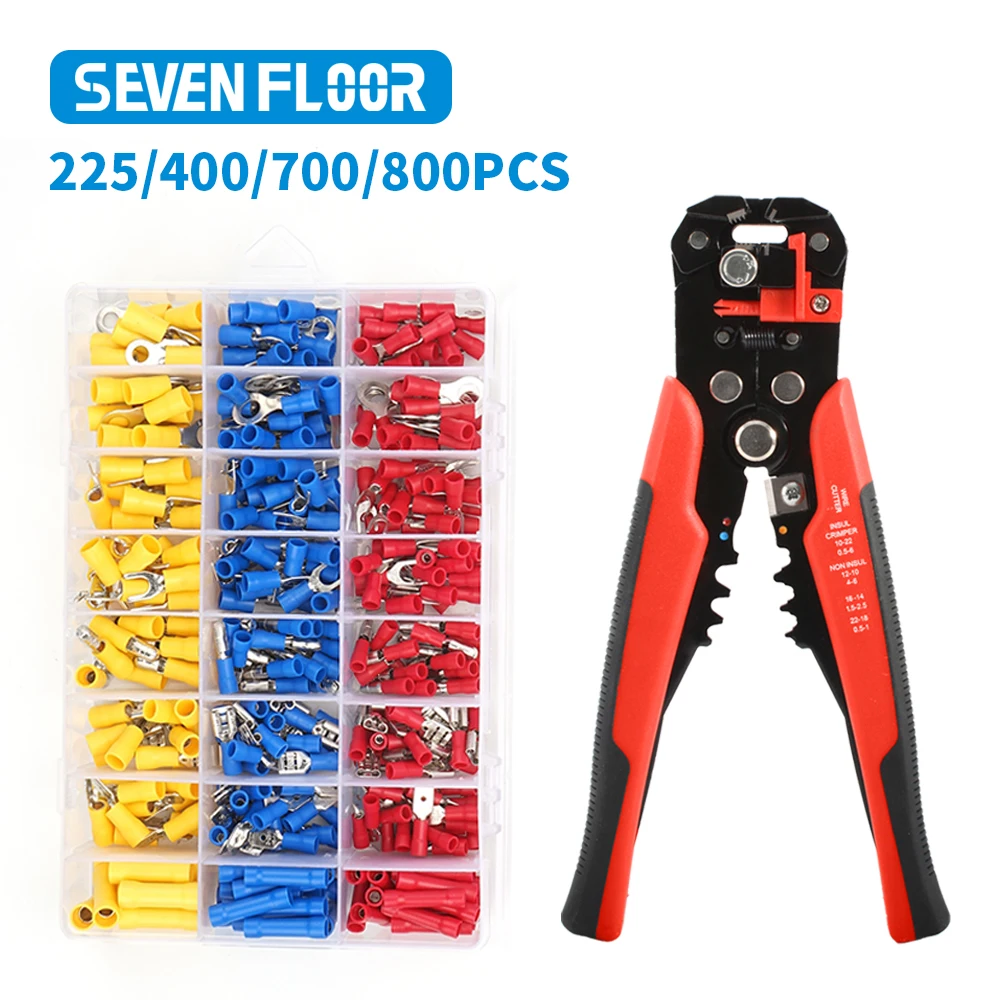 225/400/700/800PCS PVC Terminal Insulated Cable Terminal Set Wire Crimping Butt Ring Fork Ear Coil Set Hand Tool Wire stripper