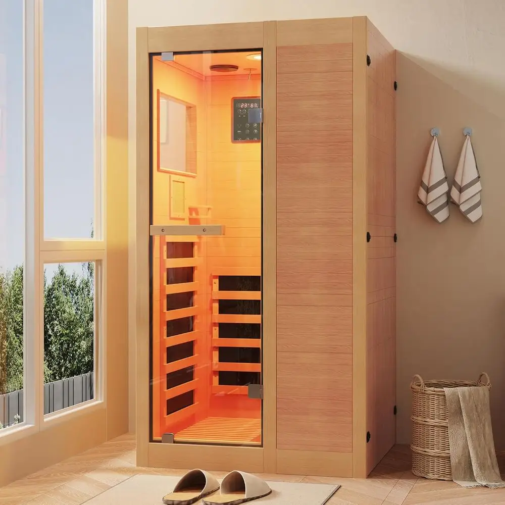 

Inrared Sauna or 1 Person, Wood Sauna with backrest, Caan Hemlock Wood Low EM Indoor Saunas with Control Panel, 7-Color
