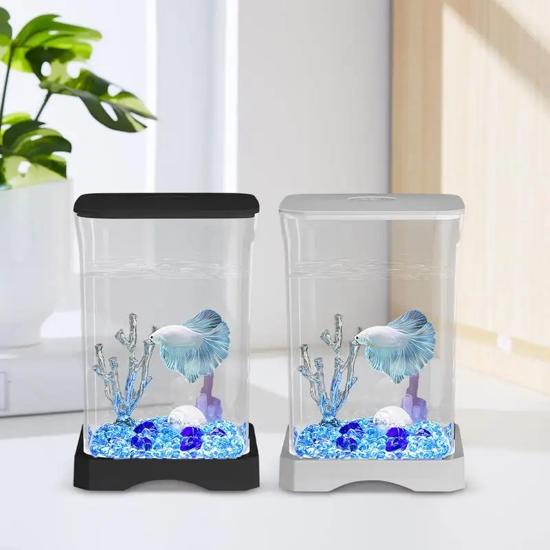 Betta Aquarium Tank 4K HD Desk Fish Tank Fish Bowl Small Aquarium Ornamental Aquarium Starter with LED Light for Home Offices