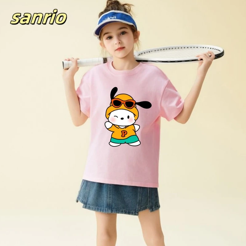 

Sanrion Summer Baby Girls 100% Cotton Clothes Kid Pochacco Printed Short Sleeve T-shirts Children Girls Cartoon Top Outfits