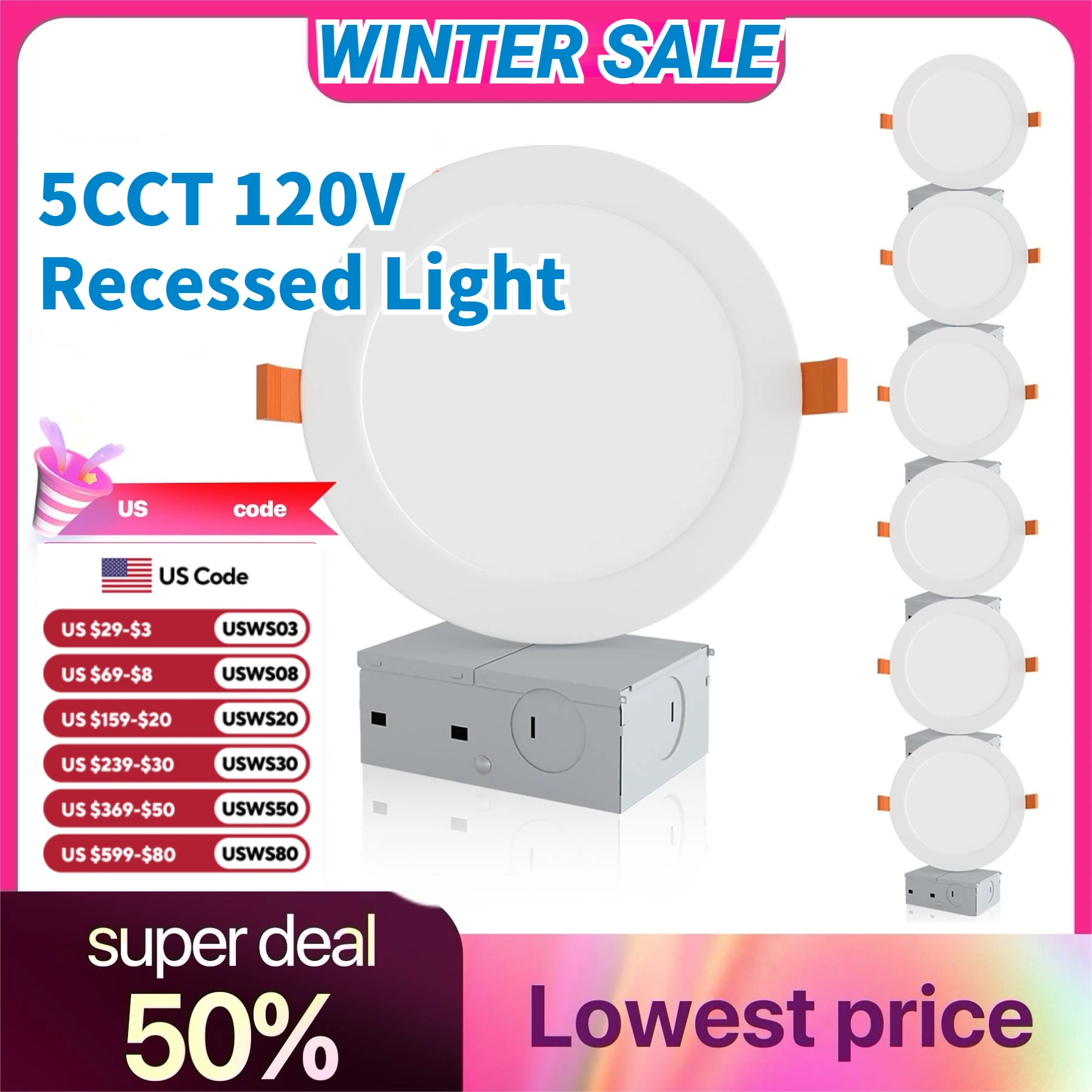 

6/12pcs 6 Inch 5CCT Ultra-Thin LED Recessed Ceiling Light with Junction Box Dimmable Canless Light 2700K/3000K/4000K/5000K/6500K