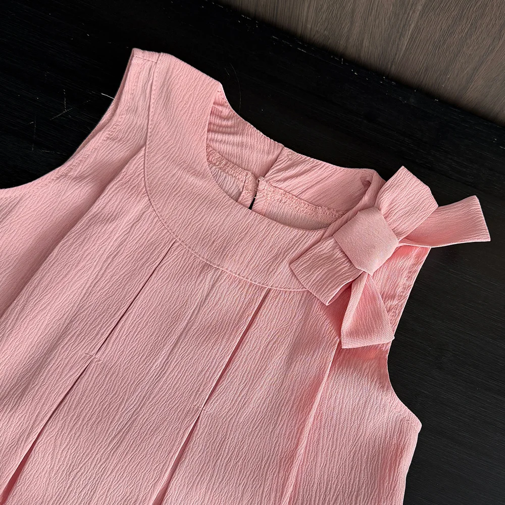 Bear Leader Sweet Pink Girls Clothes Summer Sleeveless Bow Decoration Pleated Vest+Shorts 2Pcst Olid Color Casual Children\'s Set
