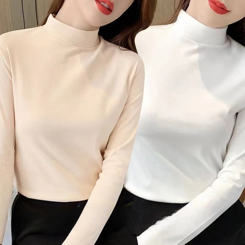 Solid Velvet High Collar Warm Base Shirt Strecth Casual and Regular Blouse Long Sleeve T-Shirt for Women Tees Shirts and Blouses