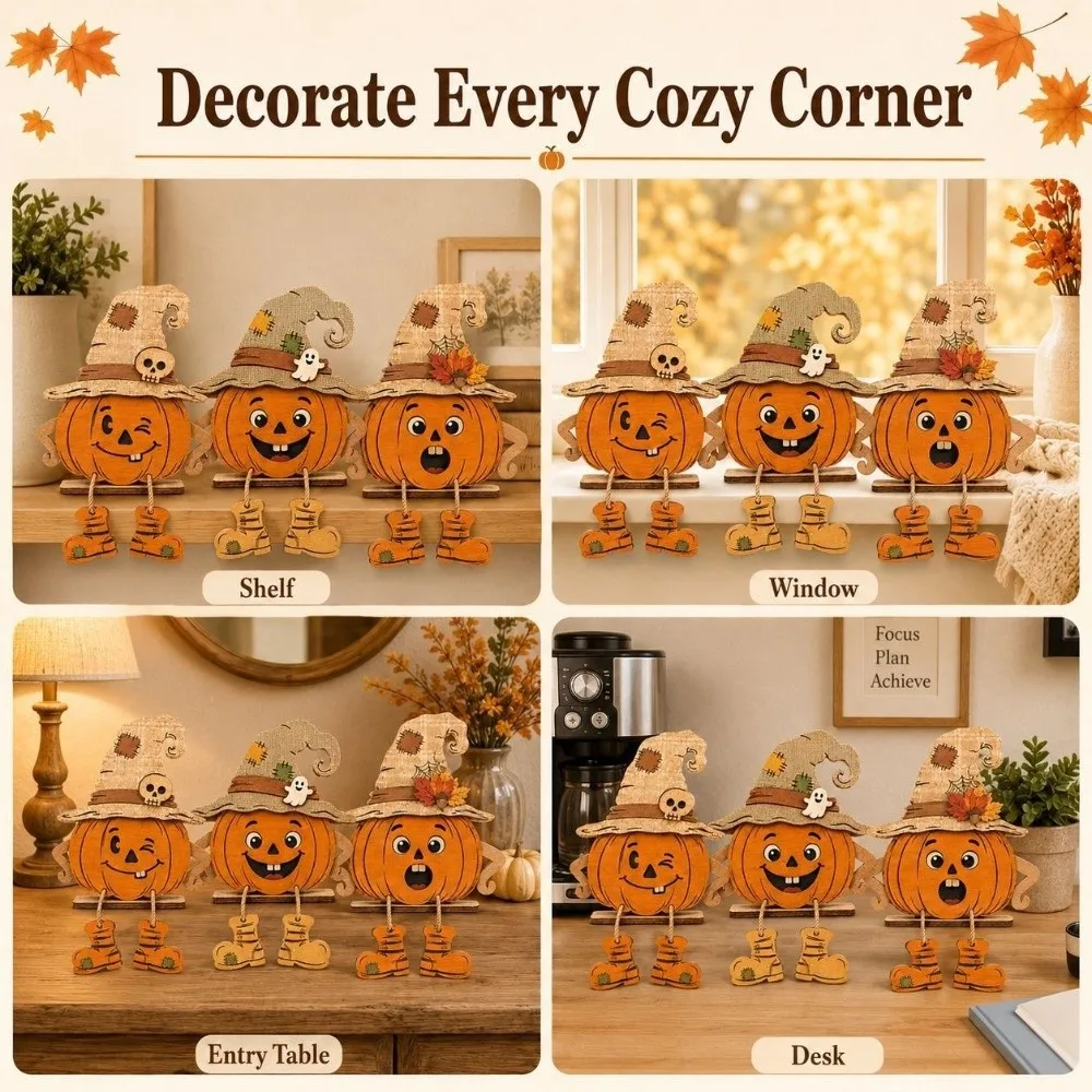 3Pcs 2D Flat Pumpkin-Shaped Wooden Ornaments Pastoral Hand Painted Fall Pumpkin Table Ornament Harvest Theme with Legs