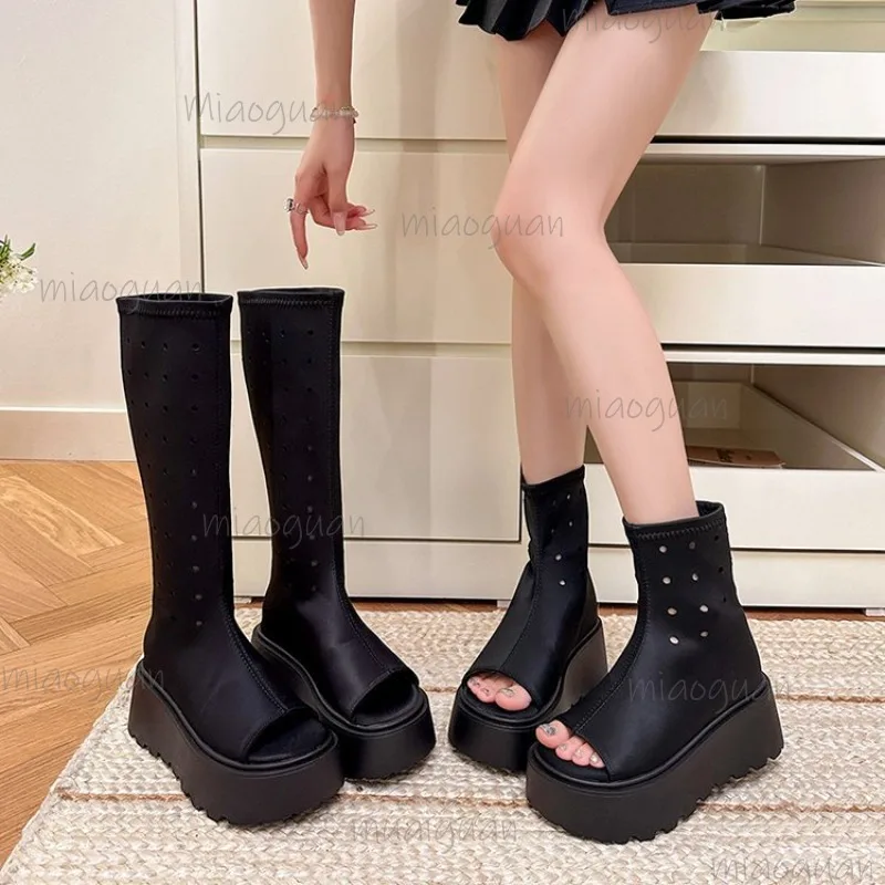 Schwarze Peep-Toe-Plateau-Sockenstiefel, atmungsaktive Sommer-Keilsandalen, kniehohe Stiefeletten mit klobiger Sohle für Damen, Botas Mujer