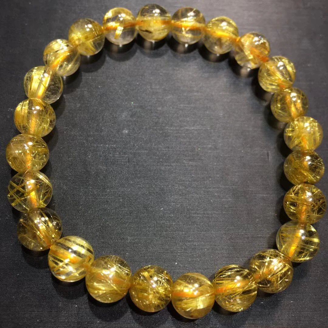 

Natural Gold Rutilated Quartz Round Beads Bracelet Bangle 7.5mm Women Men Fashion Wealthy Stone Genuine AAAAAA