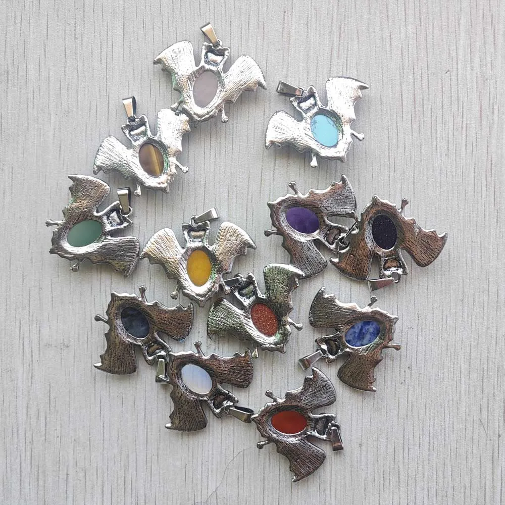 Fashion animal bat Natural quartz amethyst tiger eye stone crystal pendants for jewlery making wholesale 12pcs/lot free shipping image 2