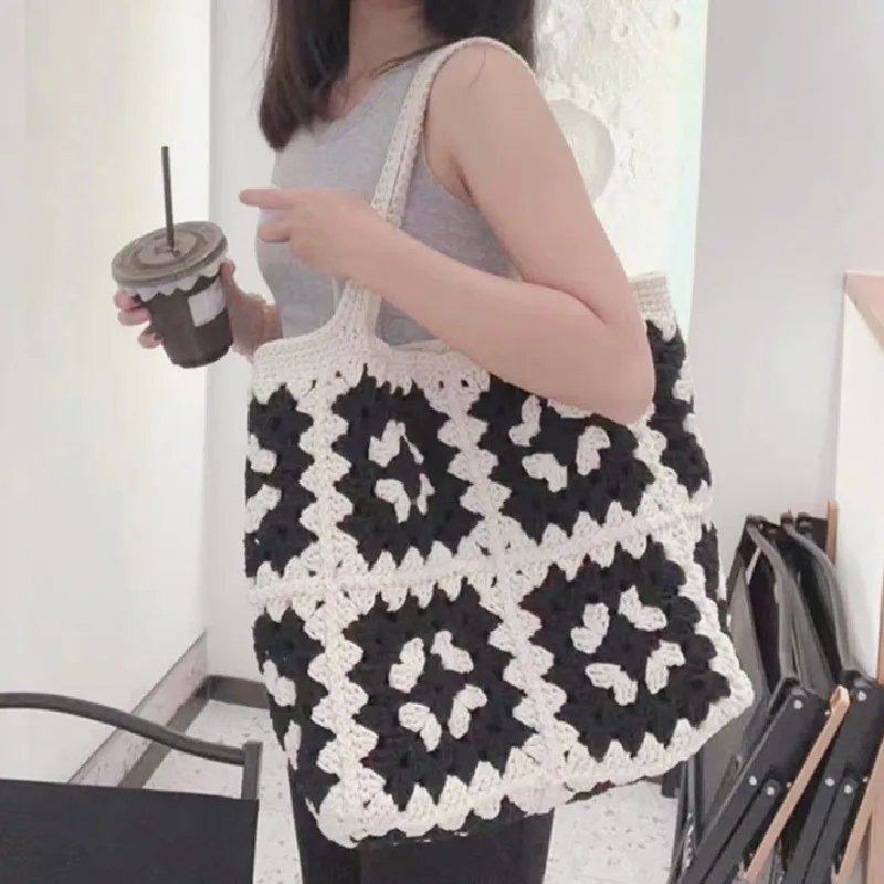 Handwoven Grandmother Grid Shoulder Bag Classic Black and White Puzzle Handbag Large Capacity Lined Beach Bag