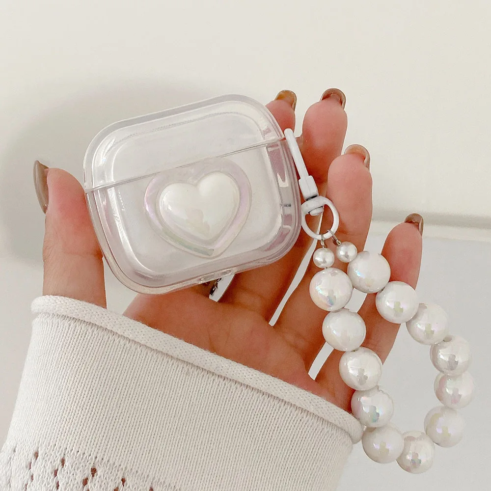 Simple Laser Pearl Heart Earphone Case for AirPods 2 Pro 3 4 Generation Headset Charging Box Protect Cover for Air pods Keychain