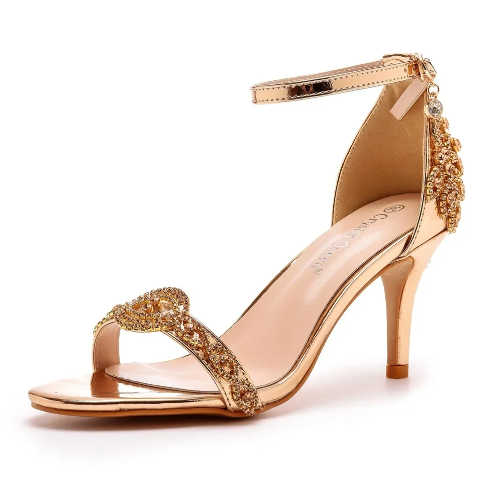 7cm shallow mouth straight with thin heel champagne gold diamond strip wedding shoes sexy fish mouth summer sandals