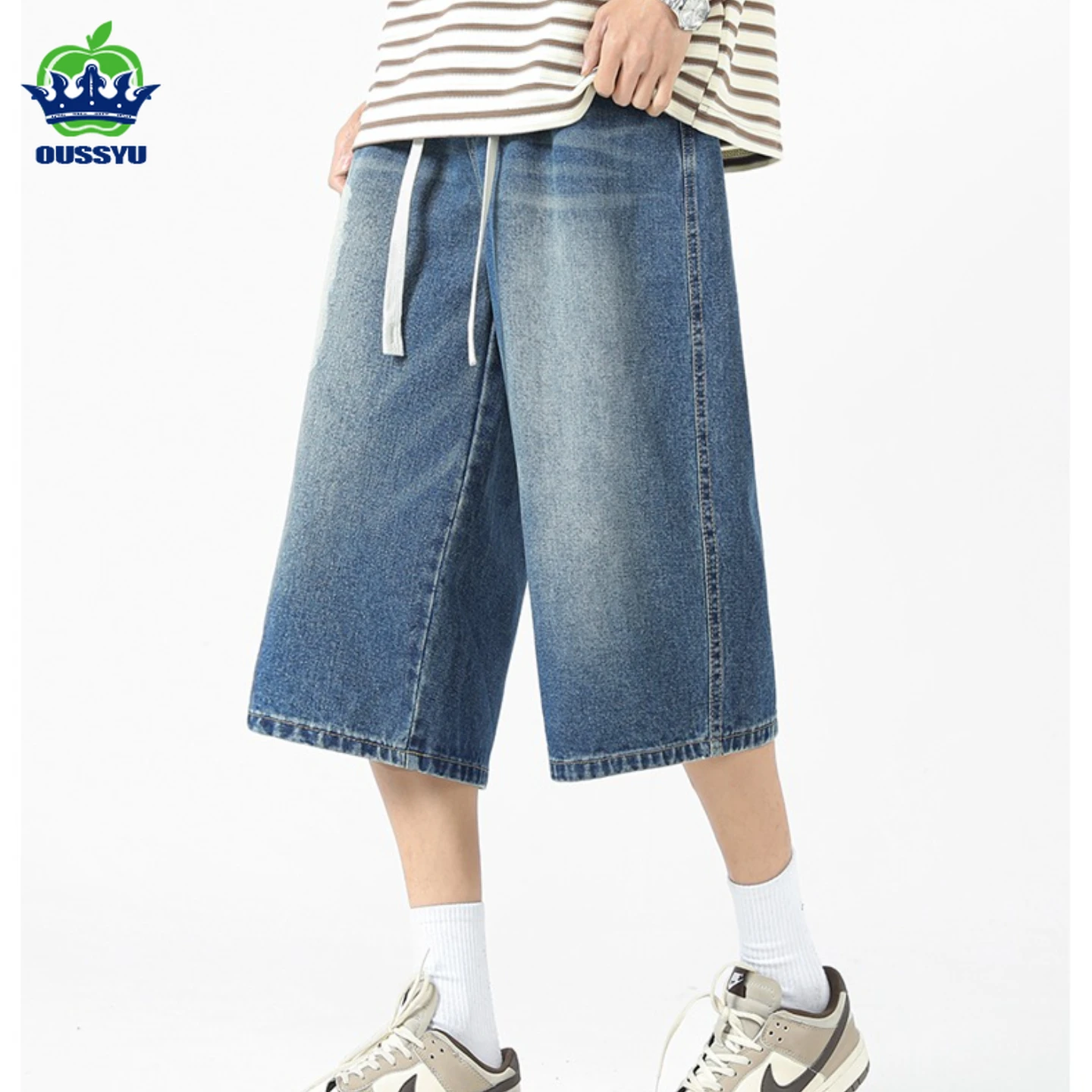Men's Summer Cotton Jeans Loose Wide Leg Straight Casual Breathable Retro Blue Black Denim Shorts 3/4 Shorts Men High Street view 5