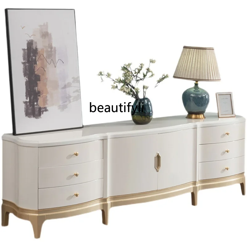 

American Light Luxury Solid Wood TV Cabinet Living Room High Modern Minimalist Champagne Gold Paint Floor Cabinet Locker