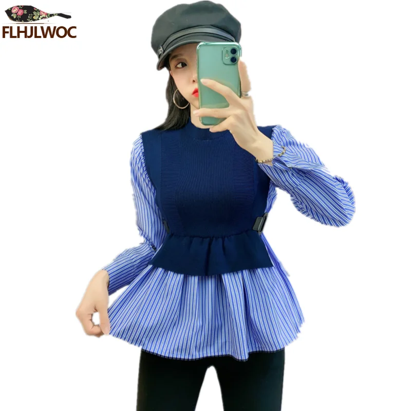 Hot Sales New Design Womens Fashion Cute Sweet Preppy Style Girls Patchwork Striped Tops Fuax Two Piece Knitted Sweater Shirts