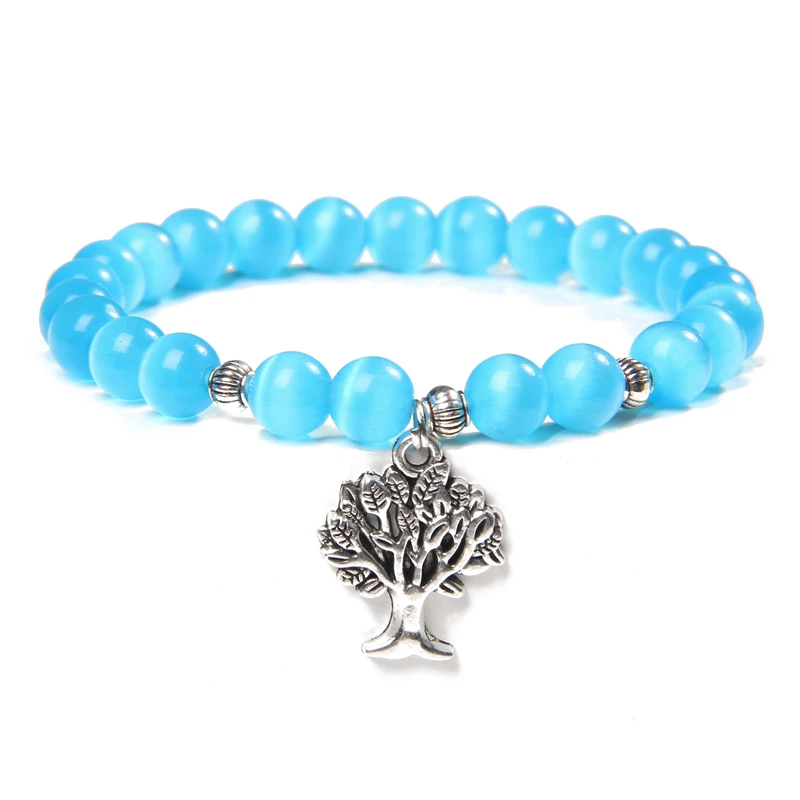 Tree of Life Charm Bracelet Cat Eye Moonlight Stone Beads Elastic Bracelets For Women Men Moonstone Bangle Wrist Jewelry Pulsera